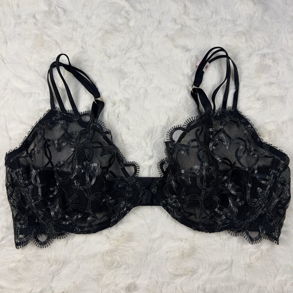 Victoria’s Secret Very Sexy Heart Mesh Low Cut Demi Bra 32DD Black Lace Underwir